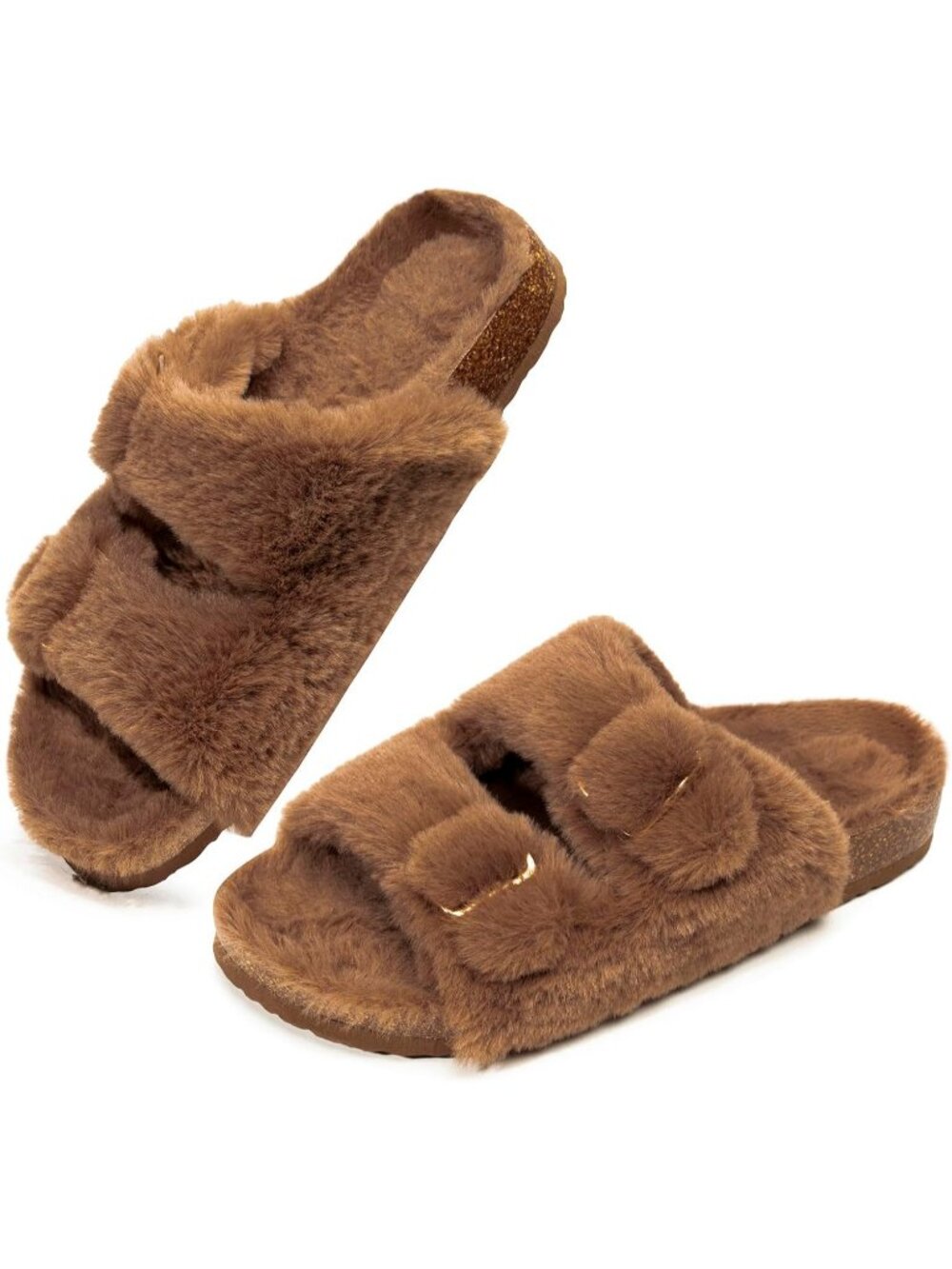 Women's Brown Lightweight Open Toe Comfy Faux Rabbit Fur Elastic Straps Slippers